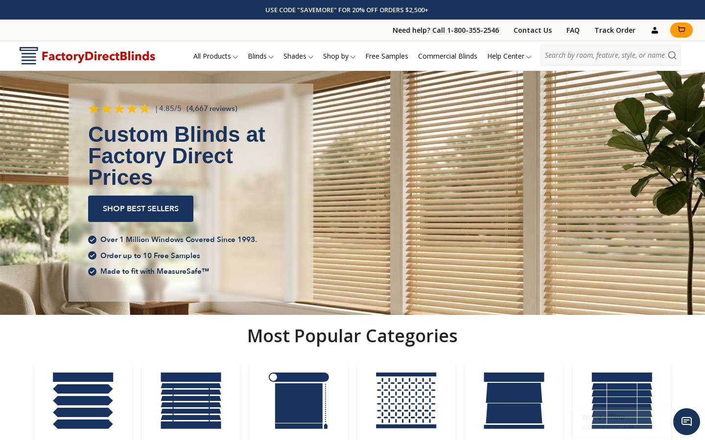 FactoryDirectBlinds homepage screenshot
