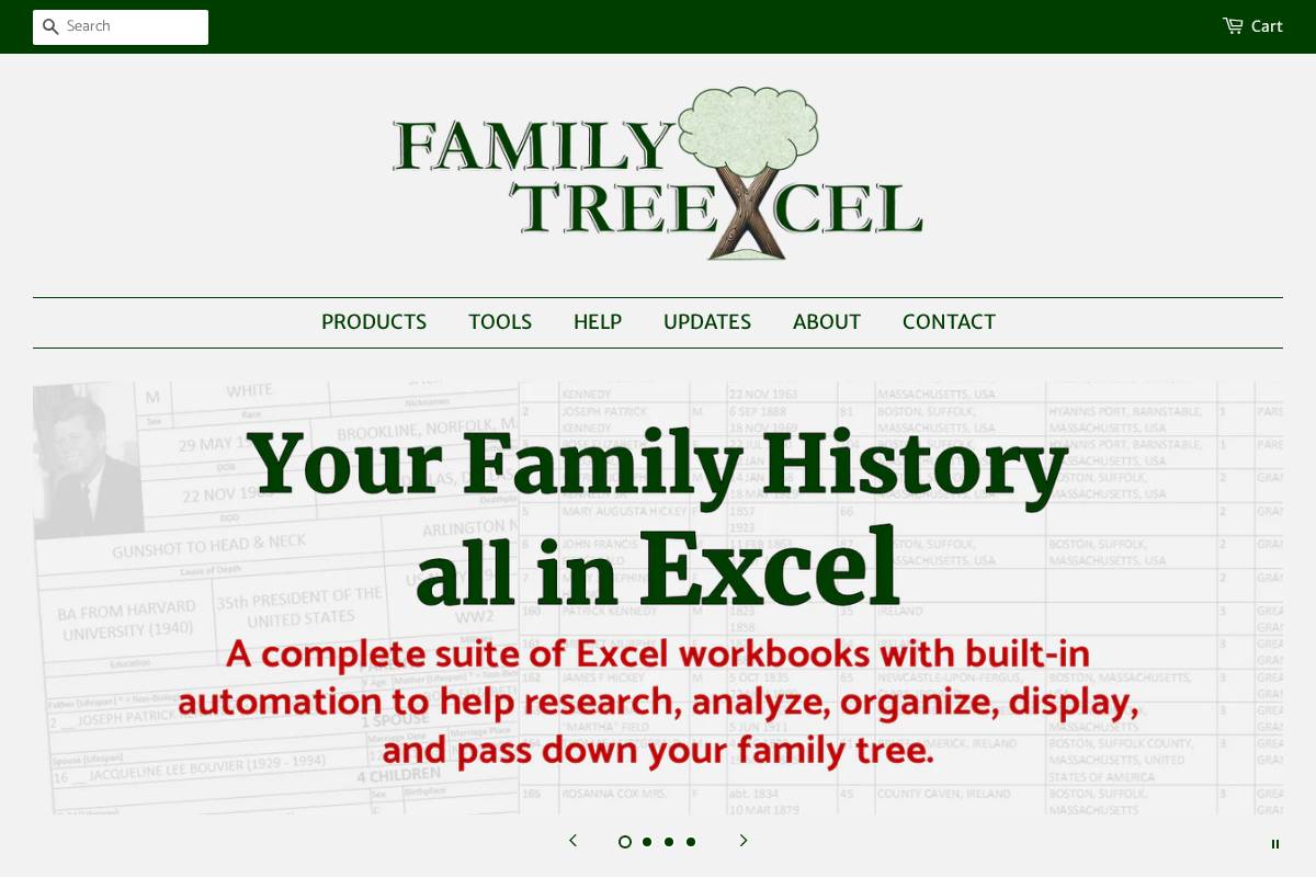 familytreexcel.com homepage screenshot