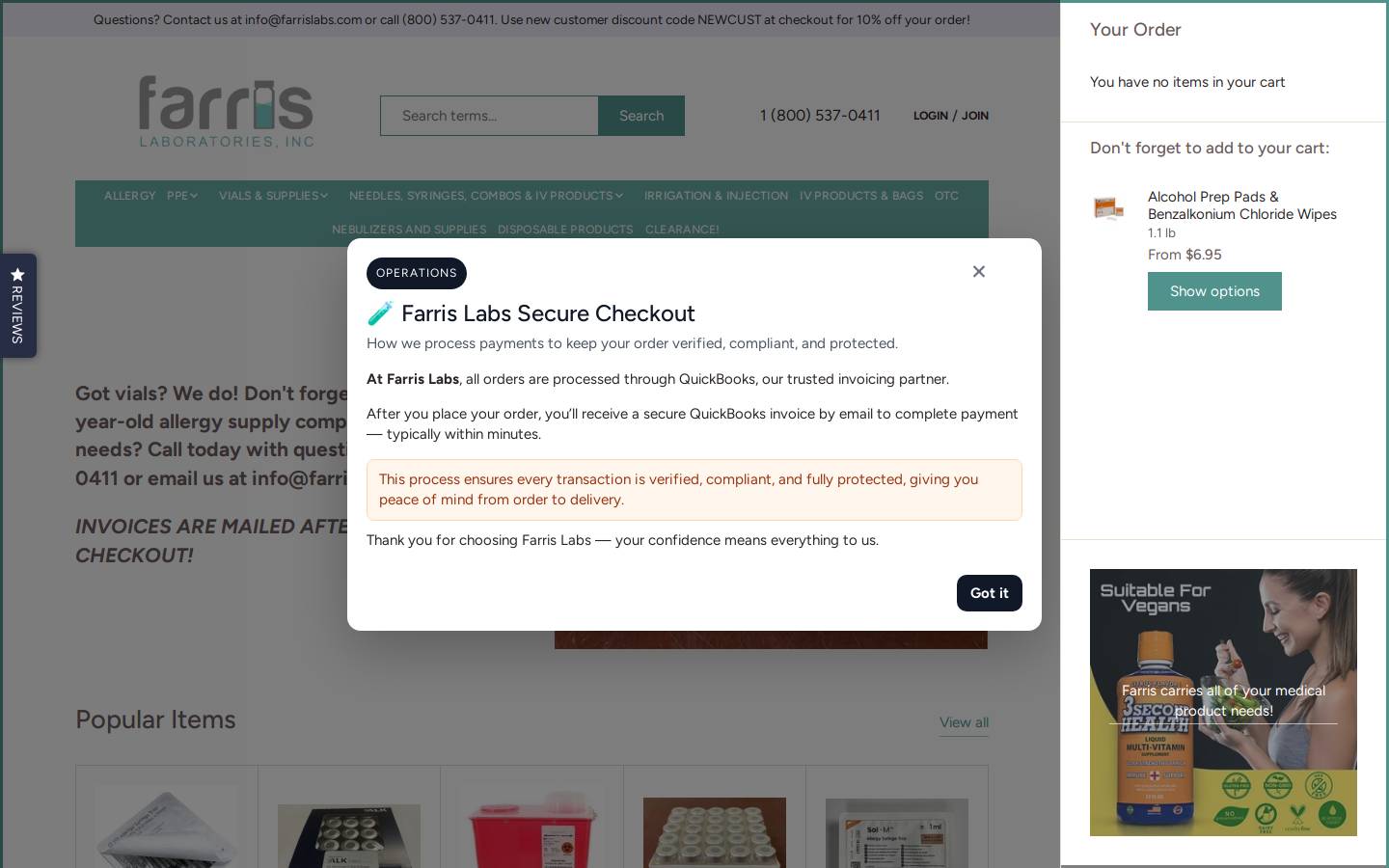 FARRIS LABORATORIES homepage screenshot