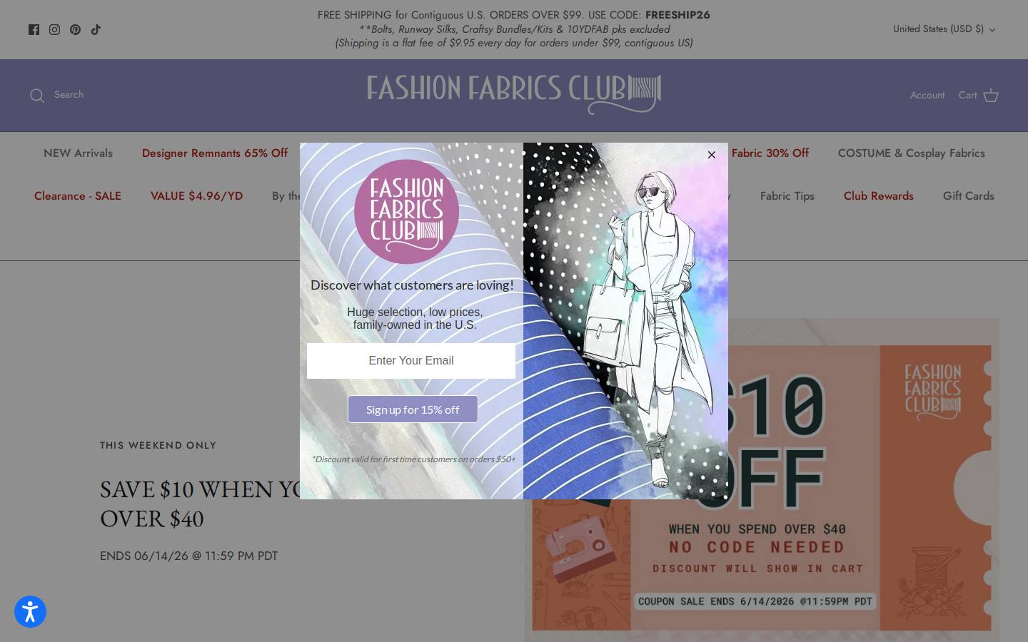 Fashion Fabrics Club homepage screenshot
