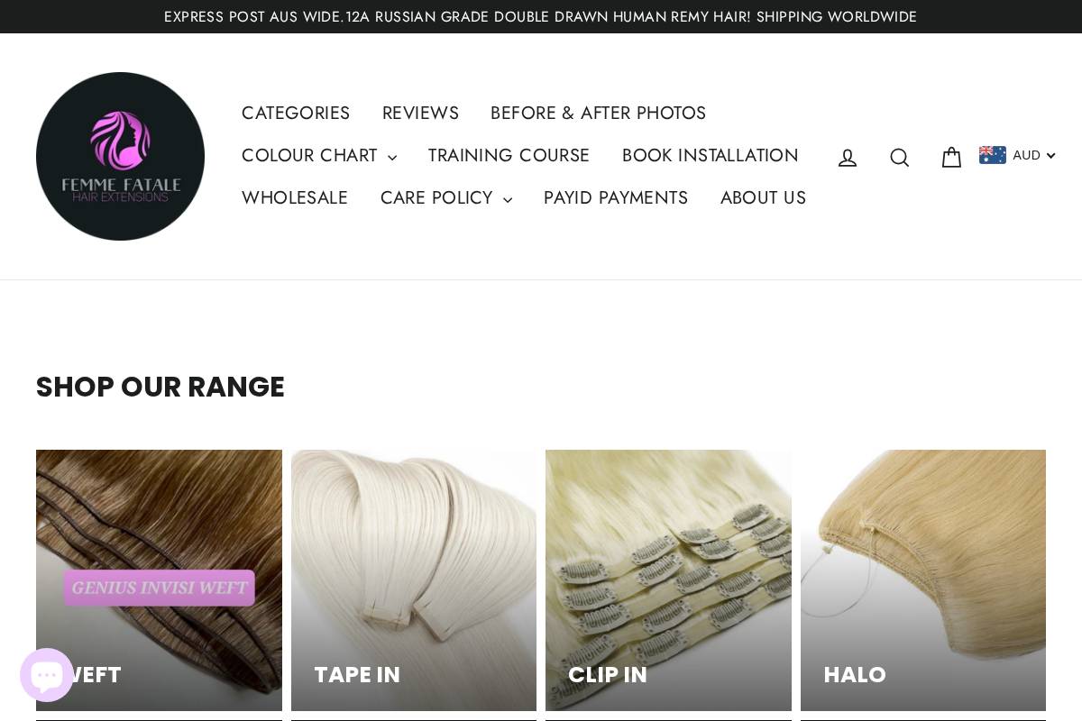 femmefatalehairextensionsaustralia.com homepage screenshot