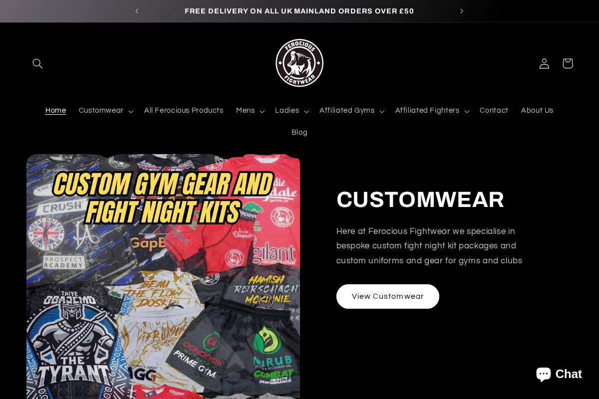 Ferociousfightwear homepage screenshot