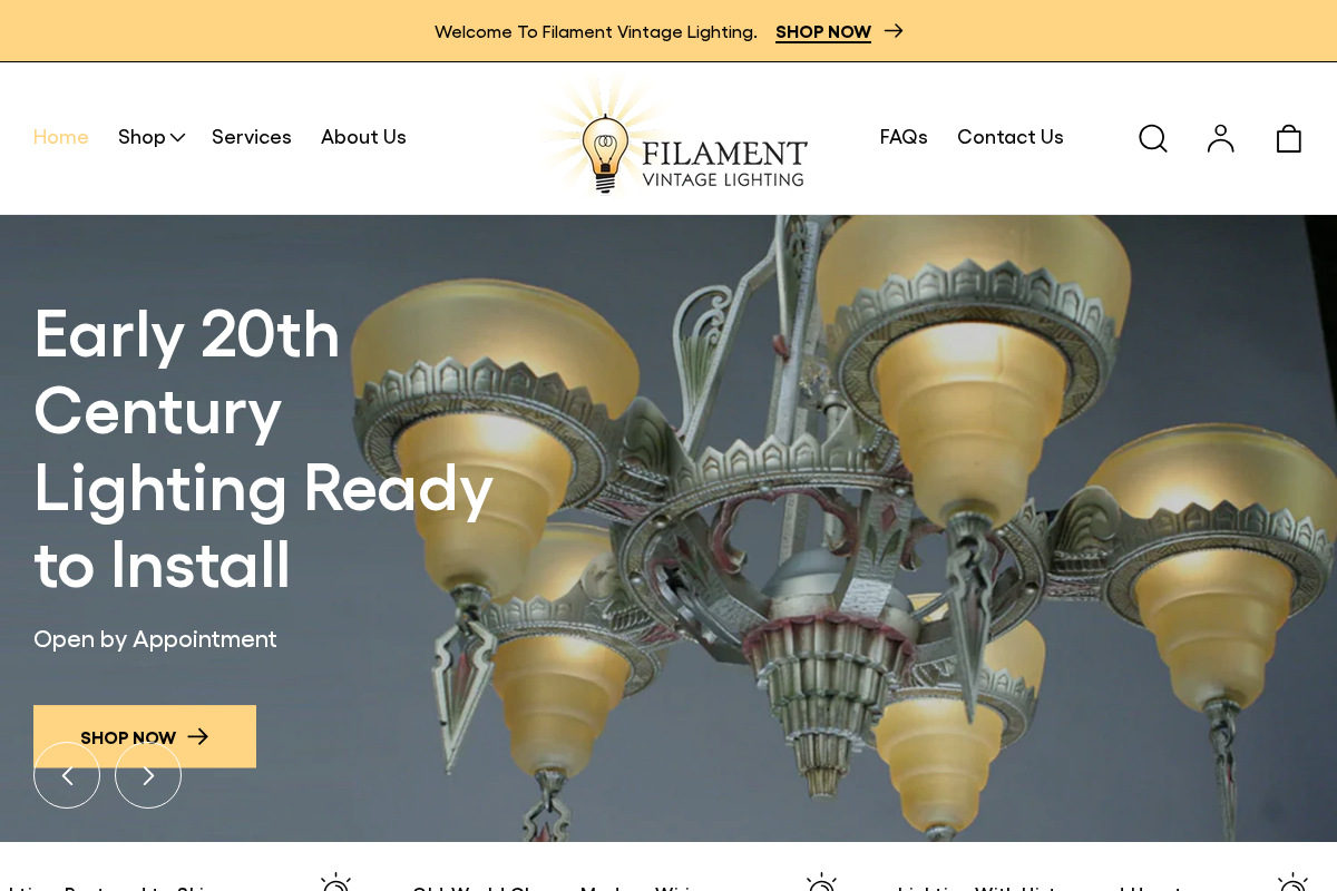 Filament Vintage Lighting homepage screenshot