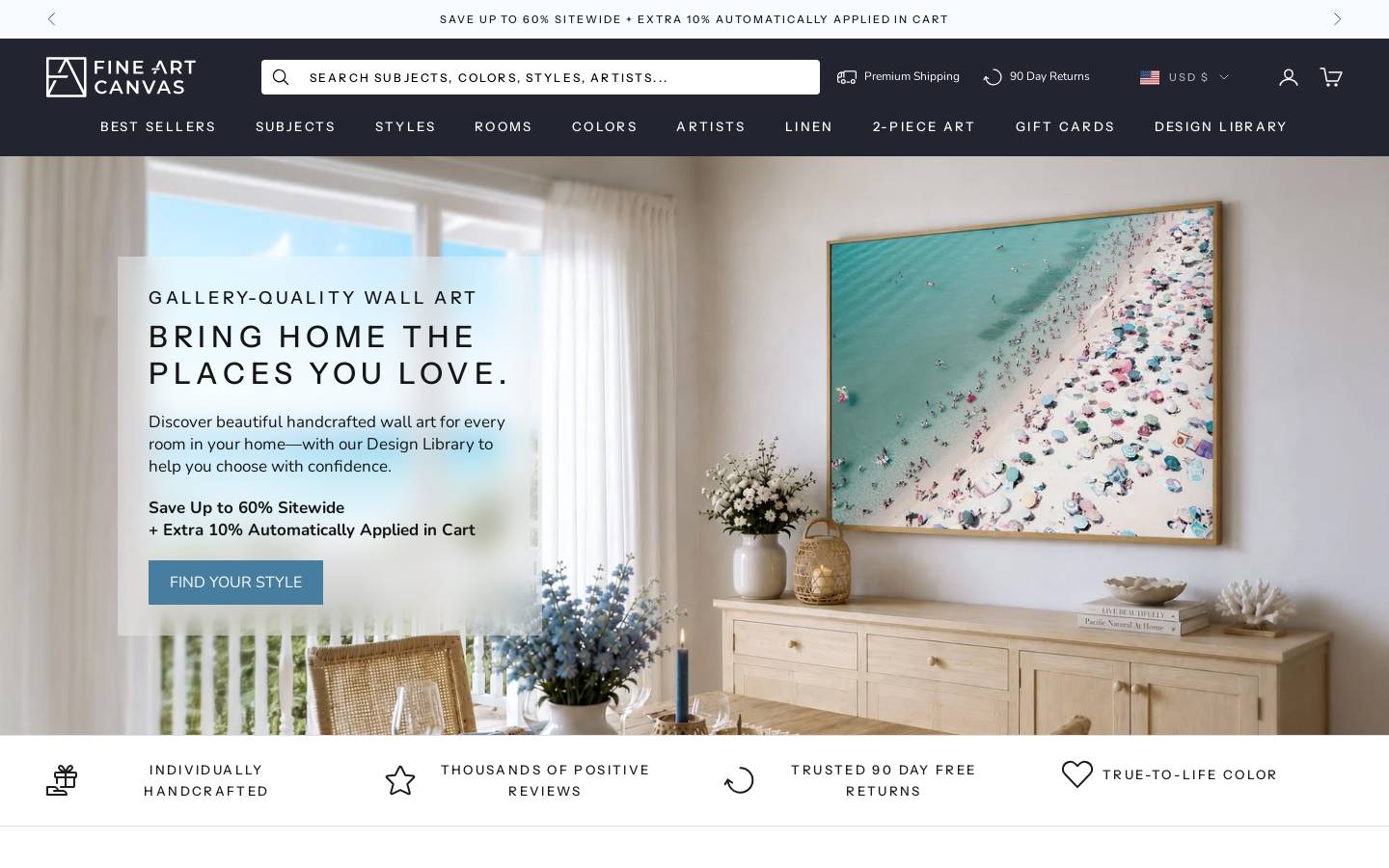 fineartcanvas.com homepage screenshot