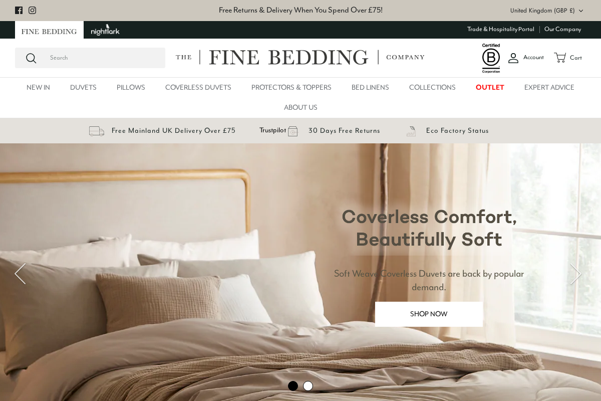 The Fine Bedding Company homepage screenshot