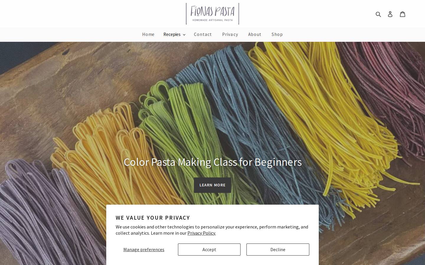 fionaspasta.com homepage screenshot