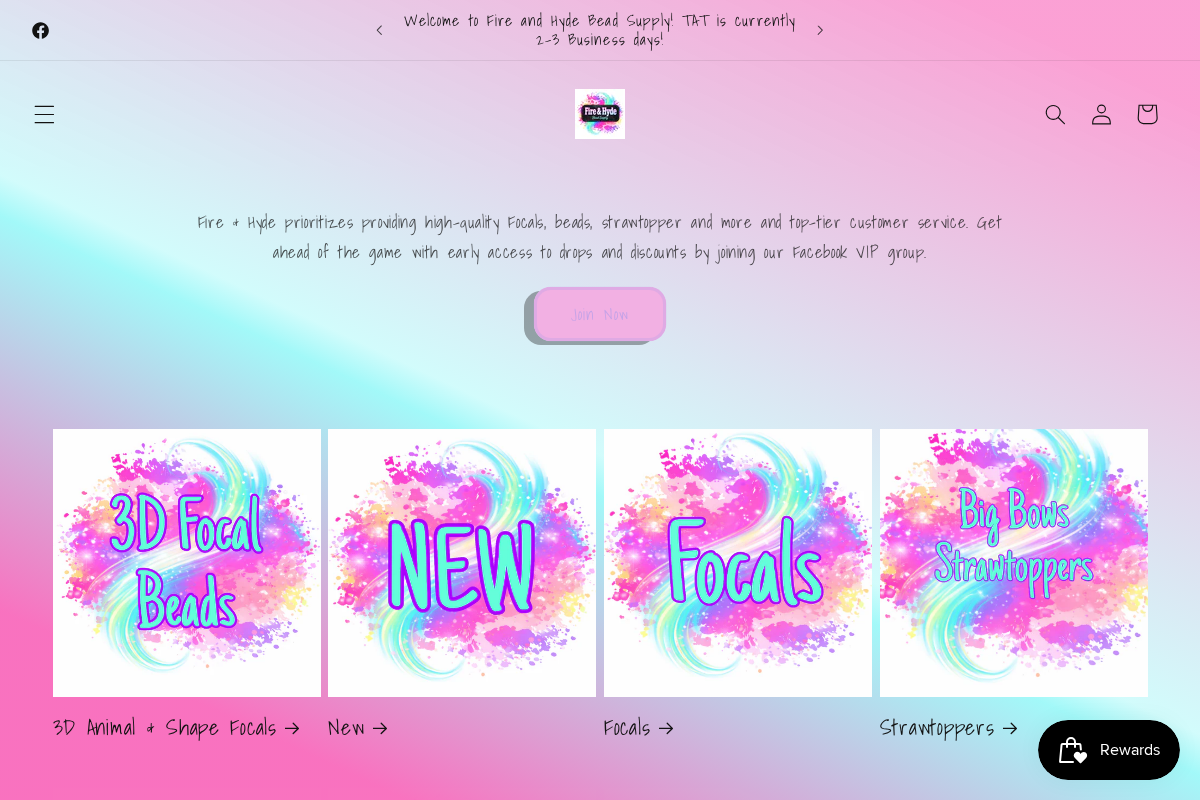 Fire and Hyde Bead Supply homepage screenshot