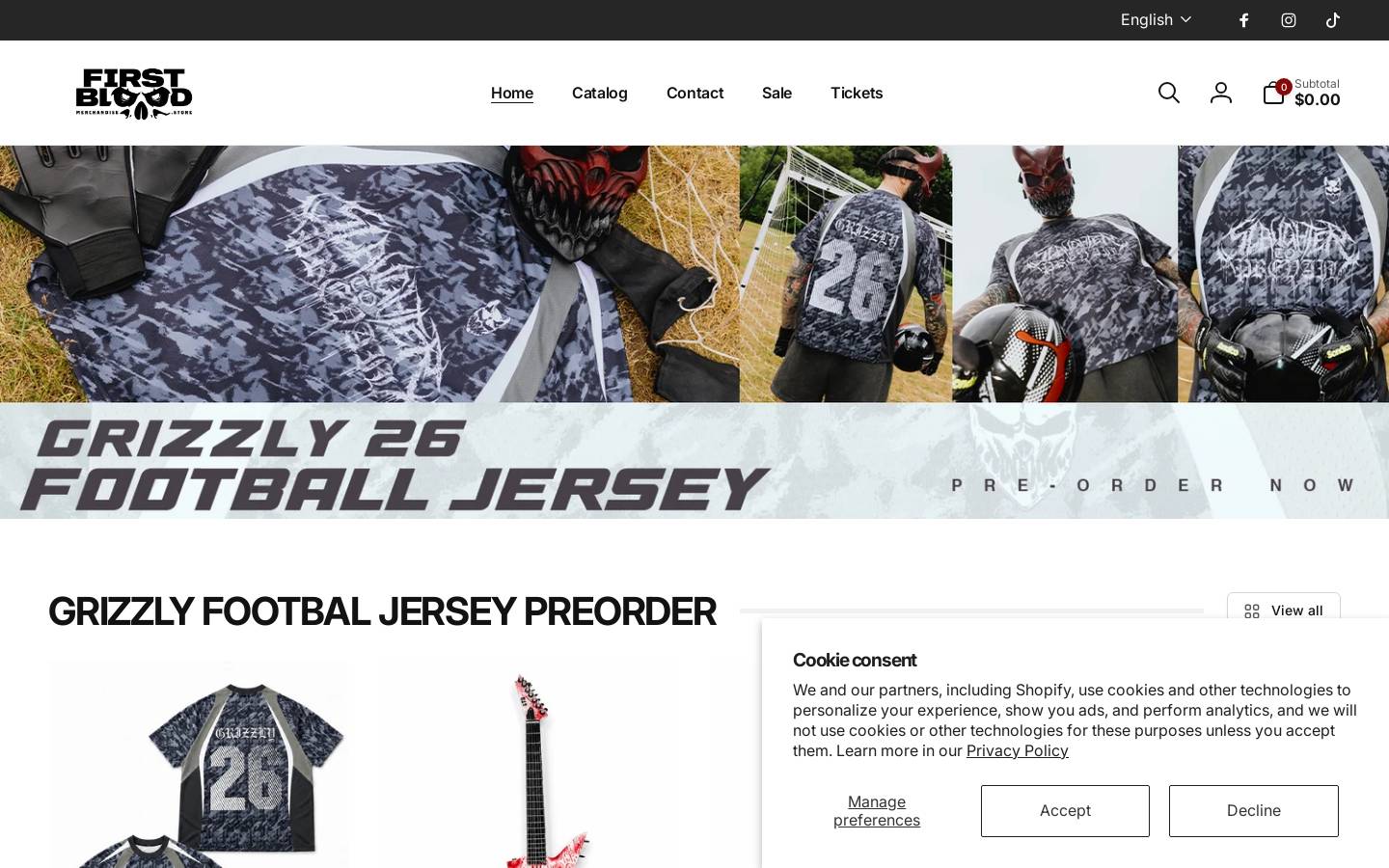 First Blood Merchandise homepage screenshot