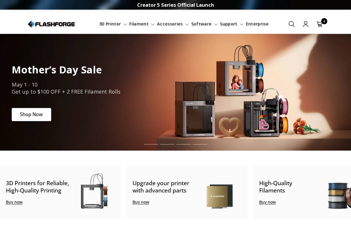Flashforge homepage screenshot