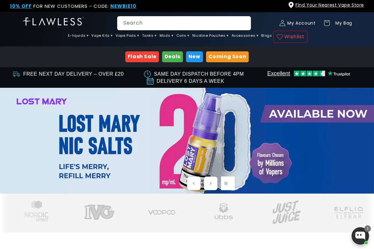 flawlessvapeshop.co.uk homepage screenshot