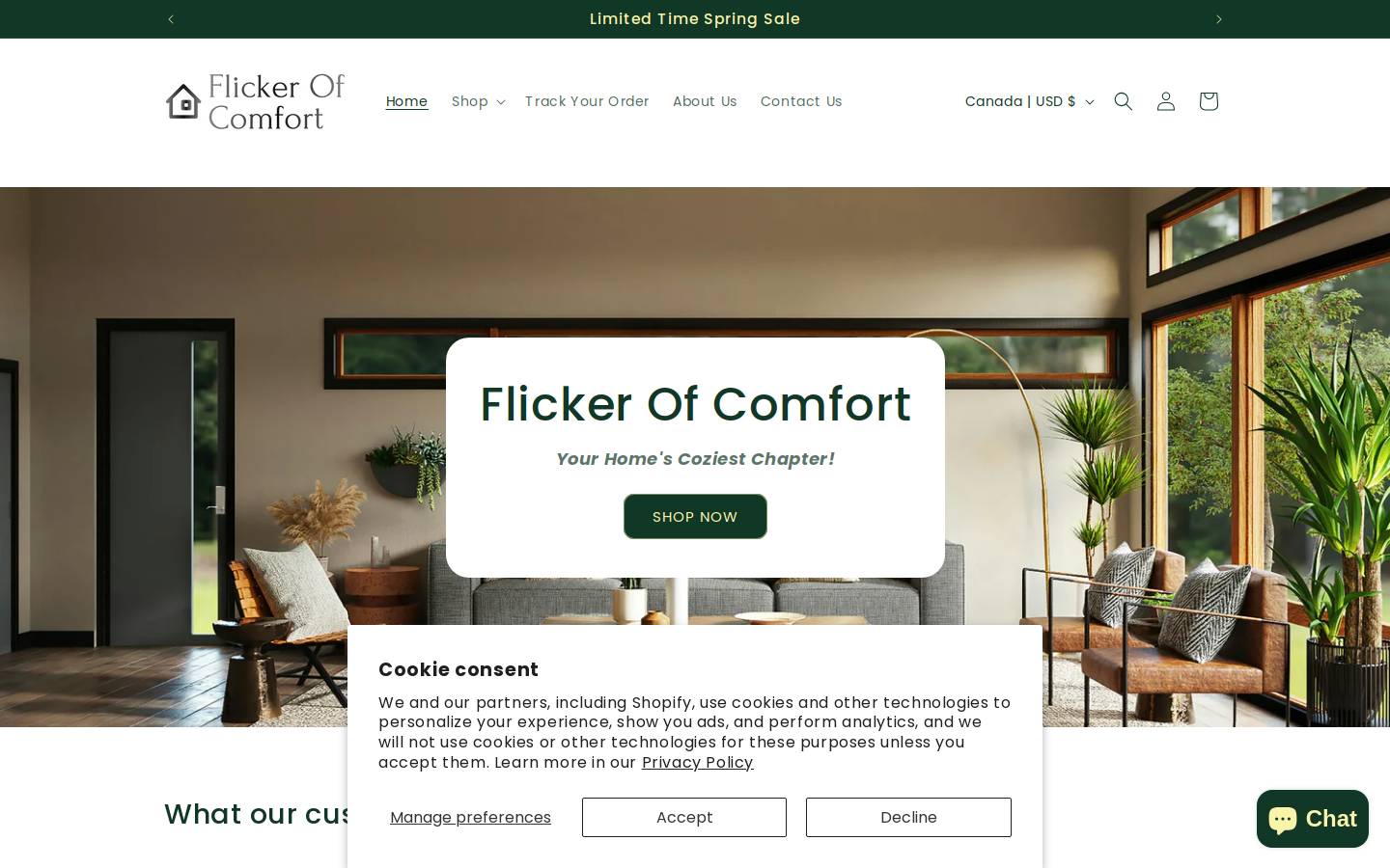 flickerofcomfort.com homepage screenshot