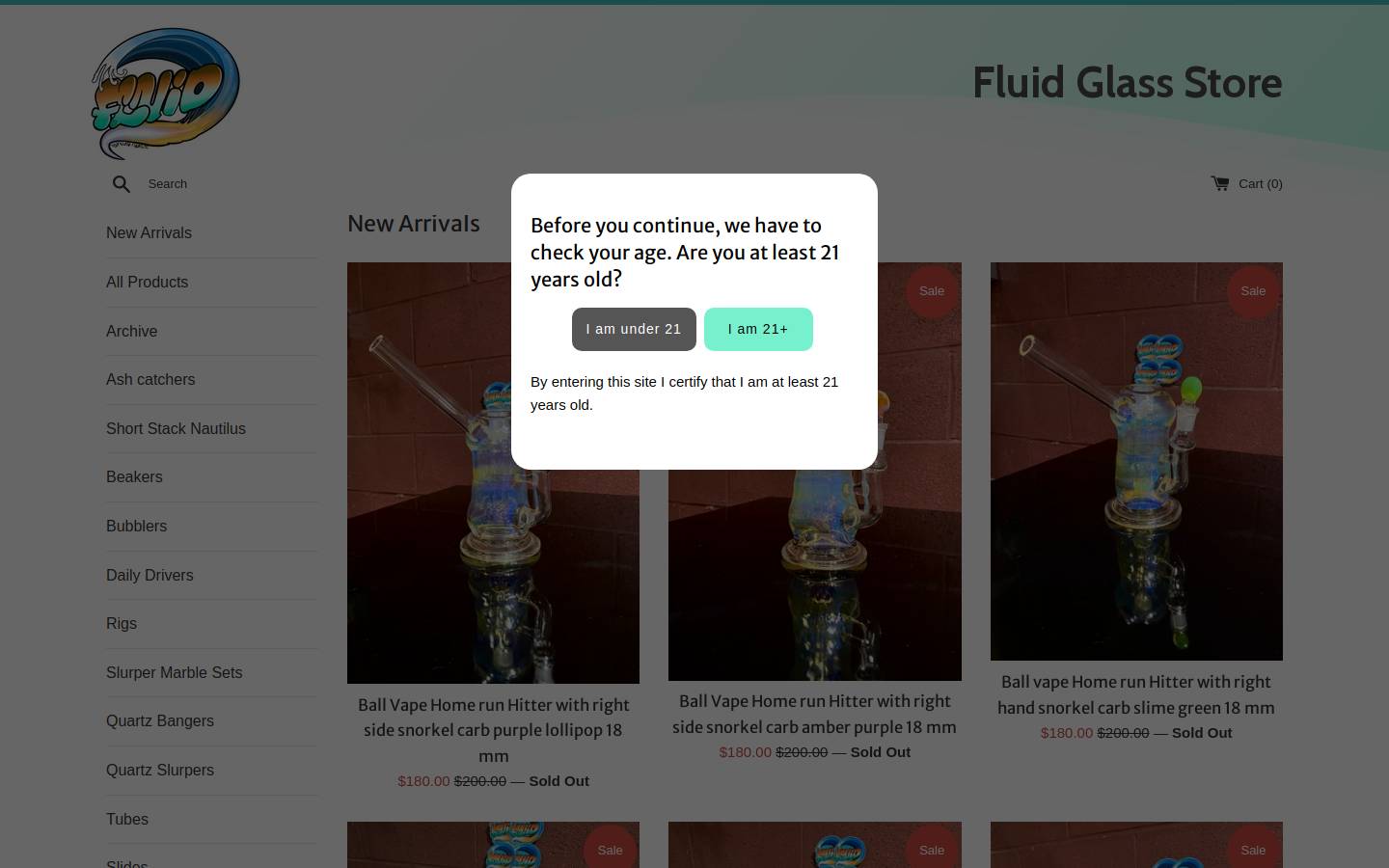 fluidglass.store homepage screenshot