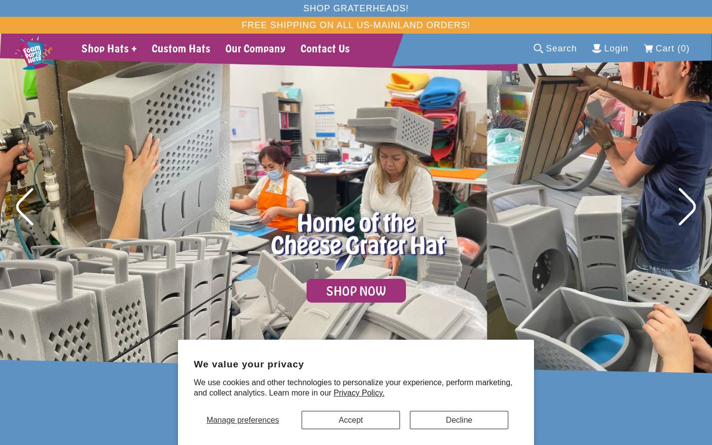 Foam Party Hats homepage screenshot