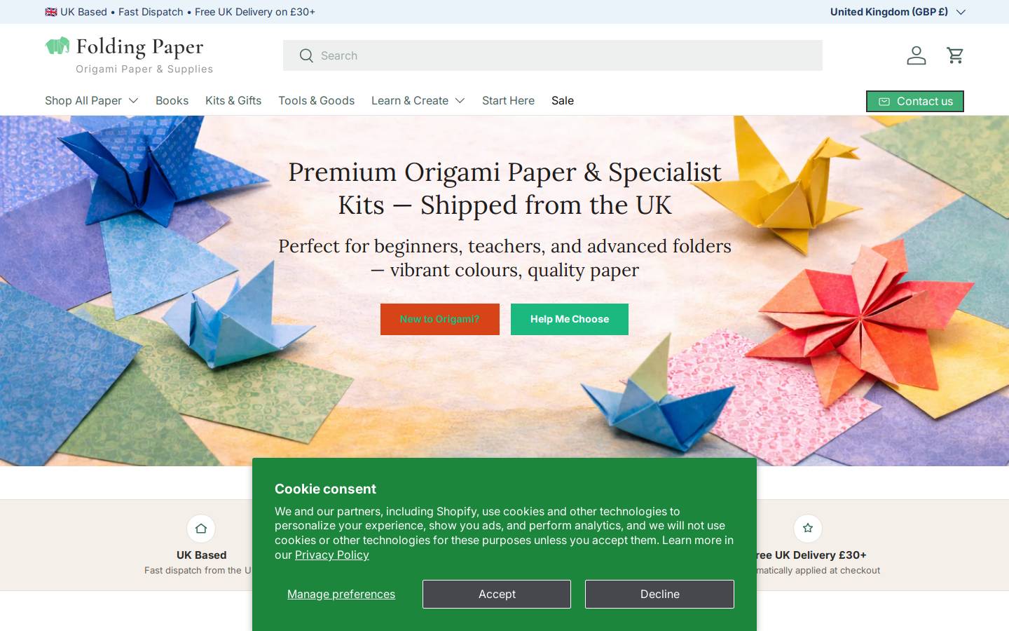 foldingpaper.co.uk homepage screenshot