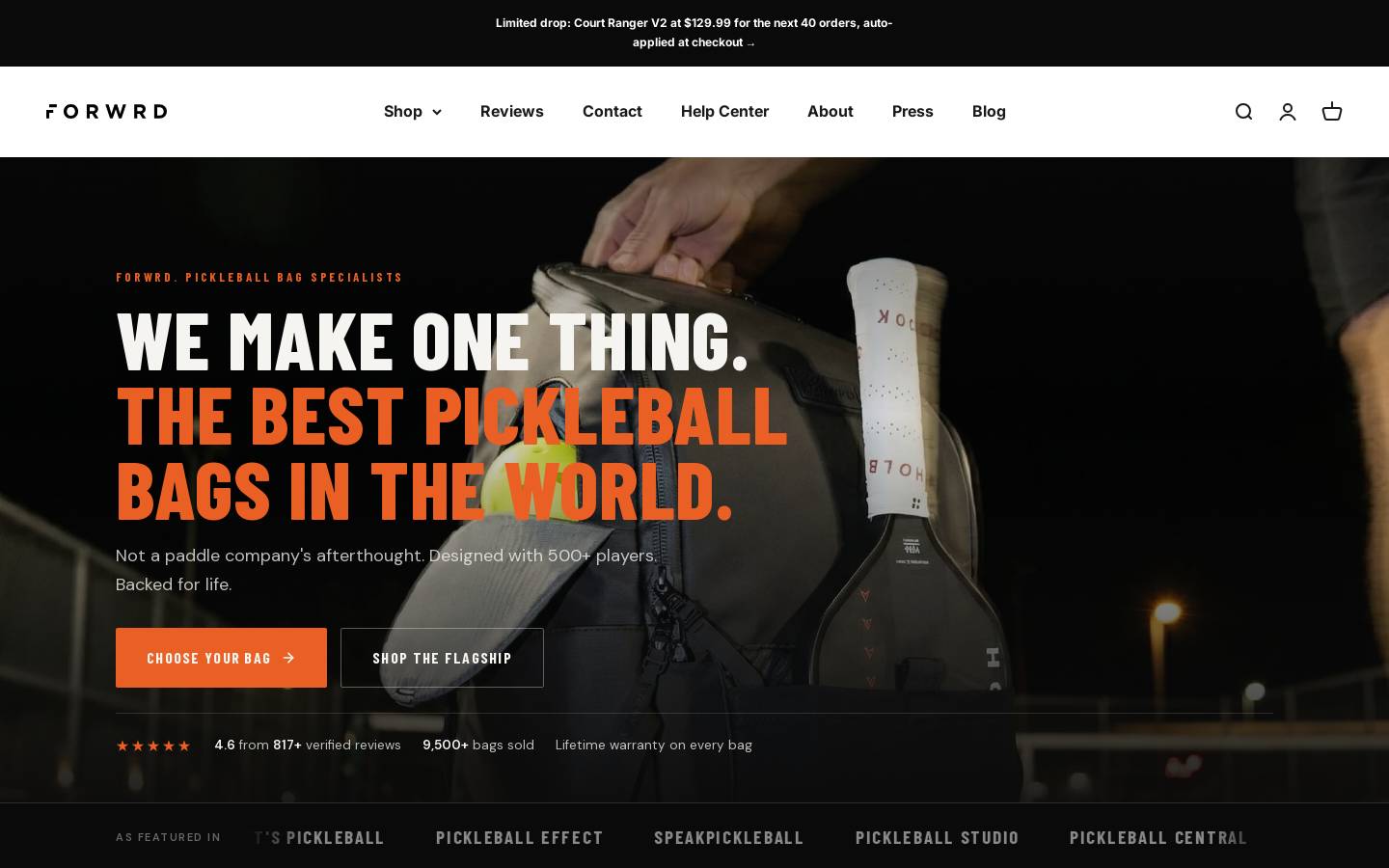 Forwrd Pickleball Bags homepage screenshot