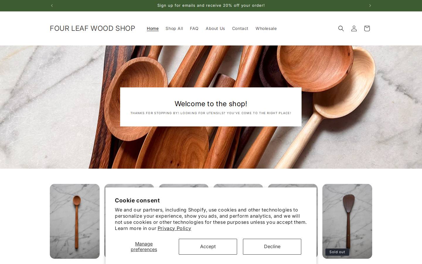 fourleafwoodshop.com homepage screenshot