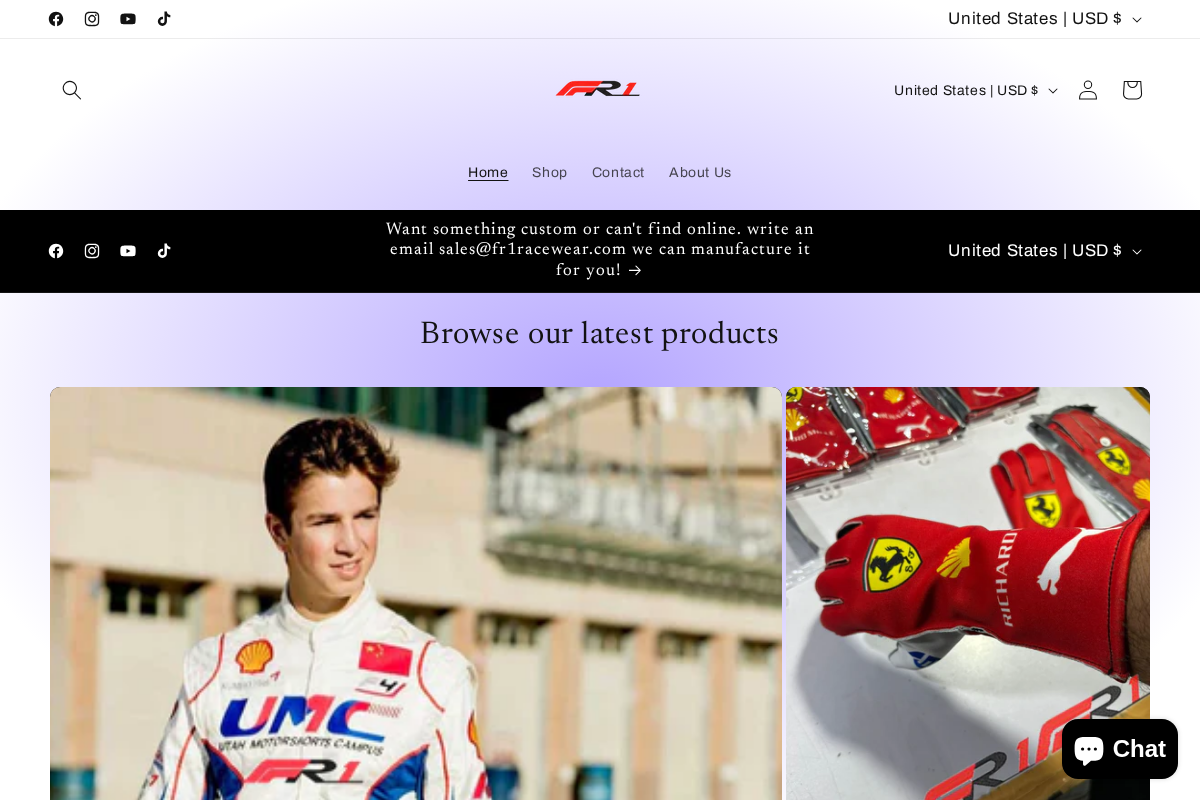 fr1 Racewear homepage screenshot