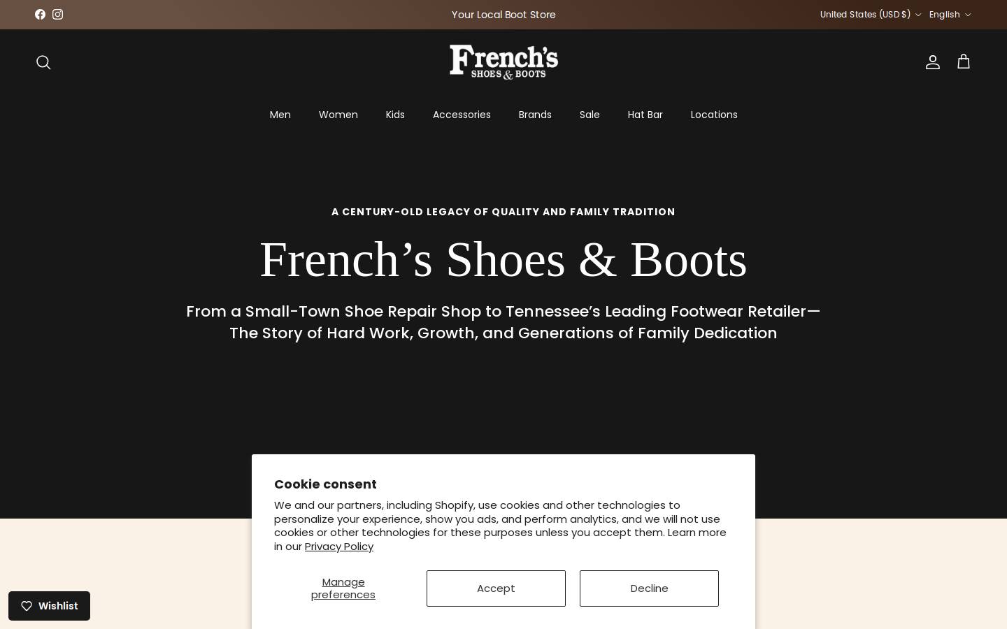 frenchsbootsandshoes.com homepage screenshot