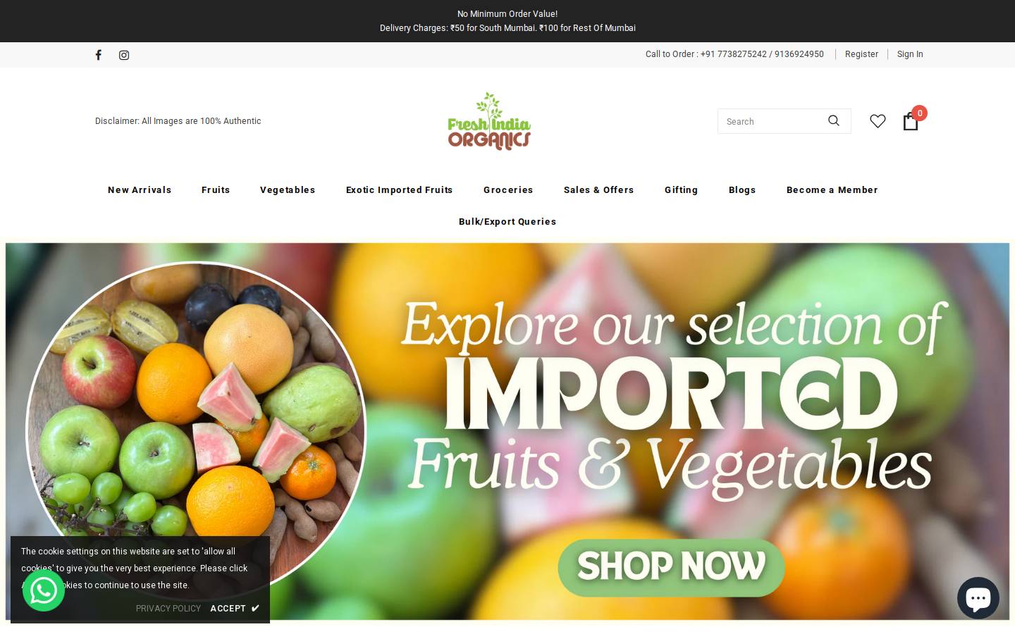 Fresh India Organics homepage screenshot