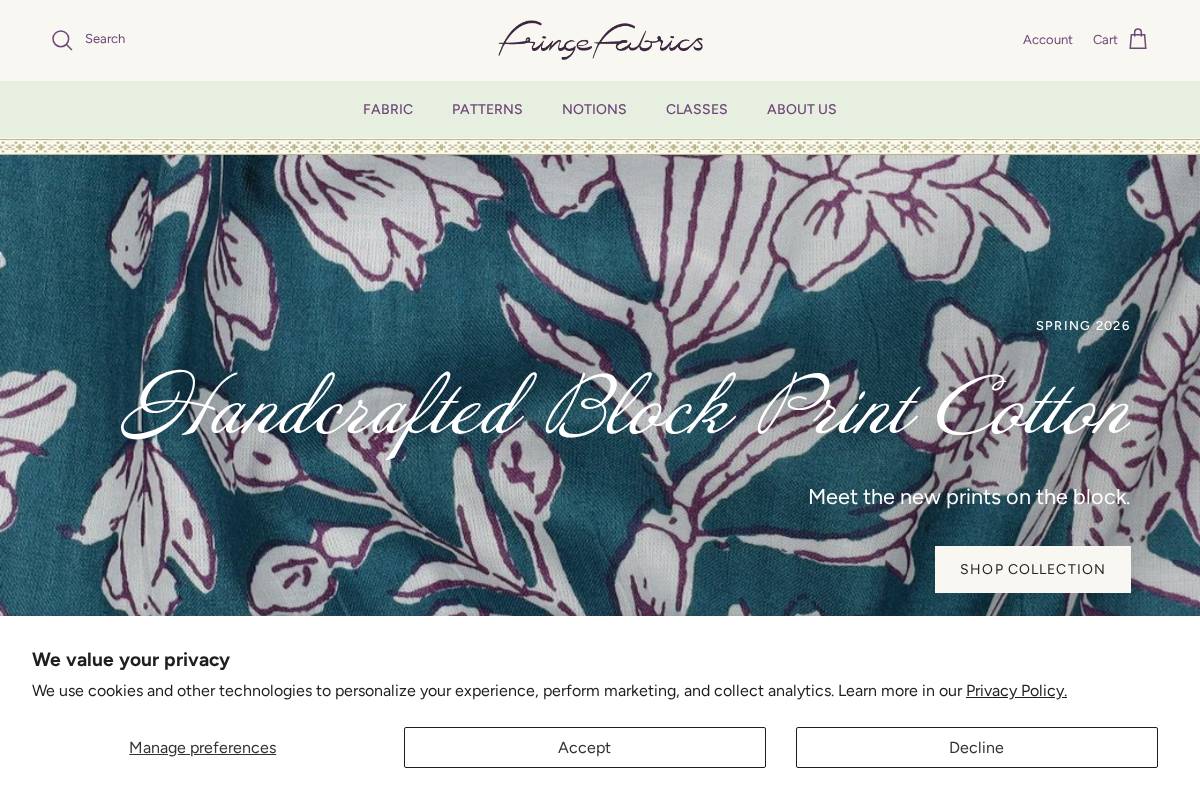 fringefabrics.com homepage screenshot