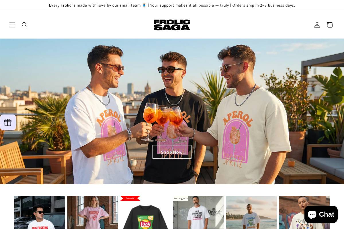frolicsaga.com homepage screenshot