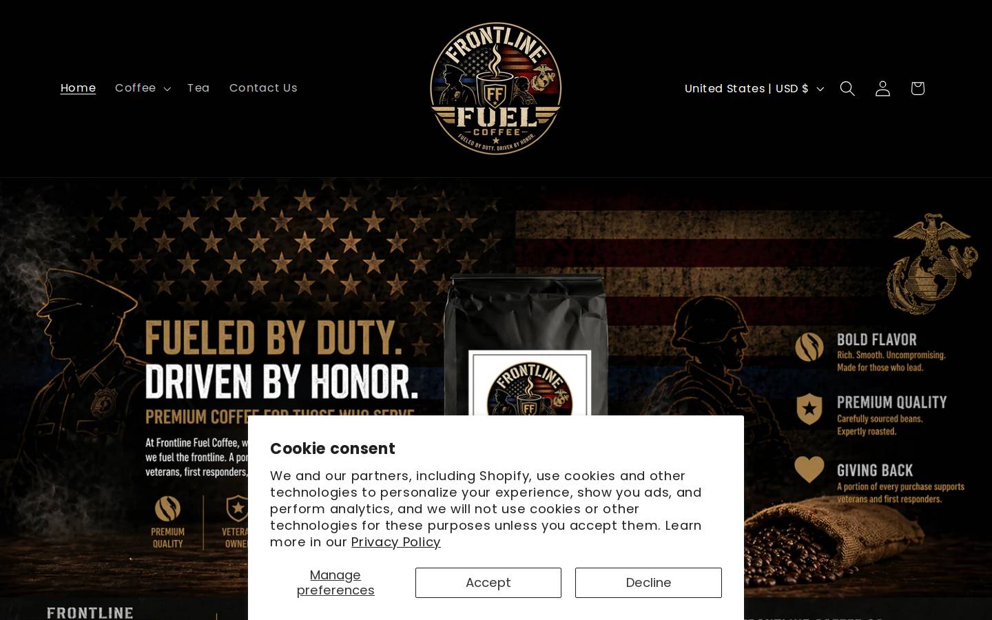 frontlinefuelcoffee.com homepage screenshot