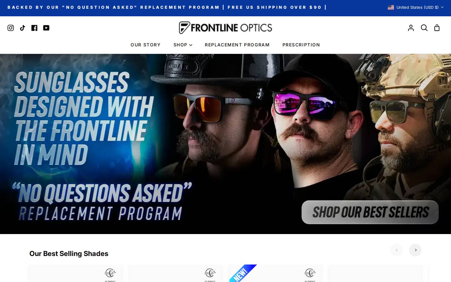 frontlineoptics.com homepage screenshot