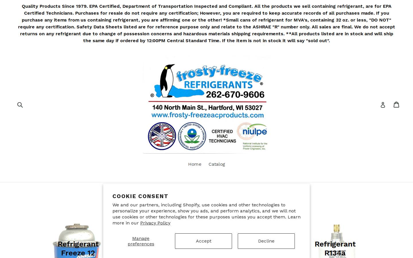 frosty-freezeacproducts.com homepage screenshot