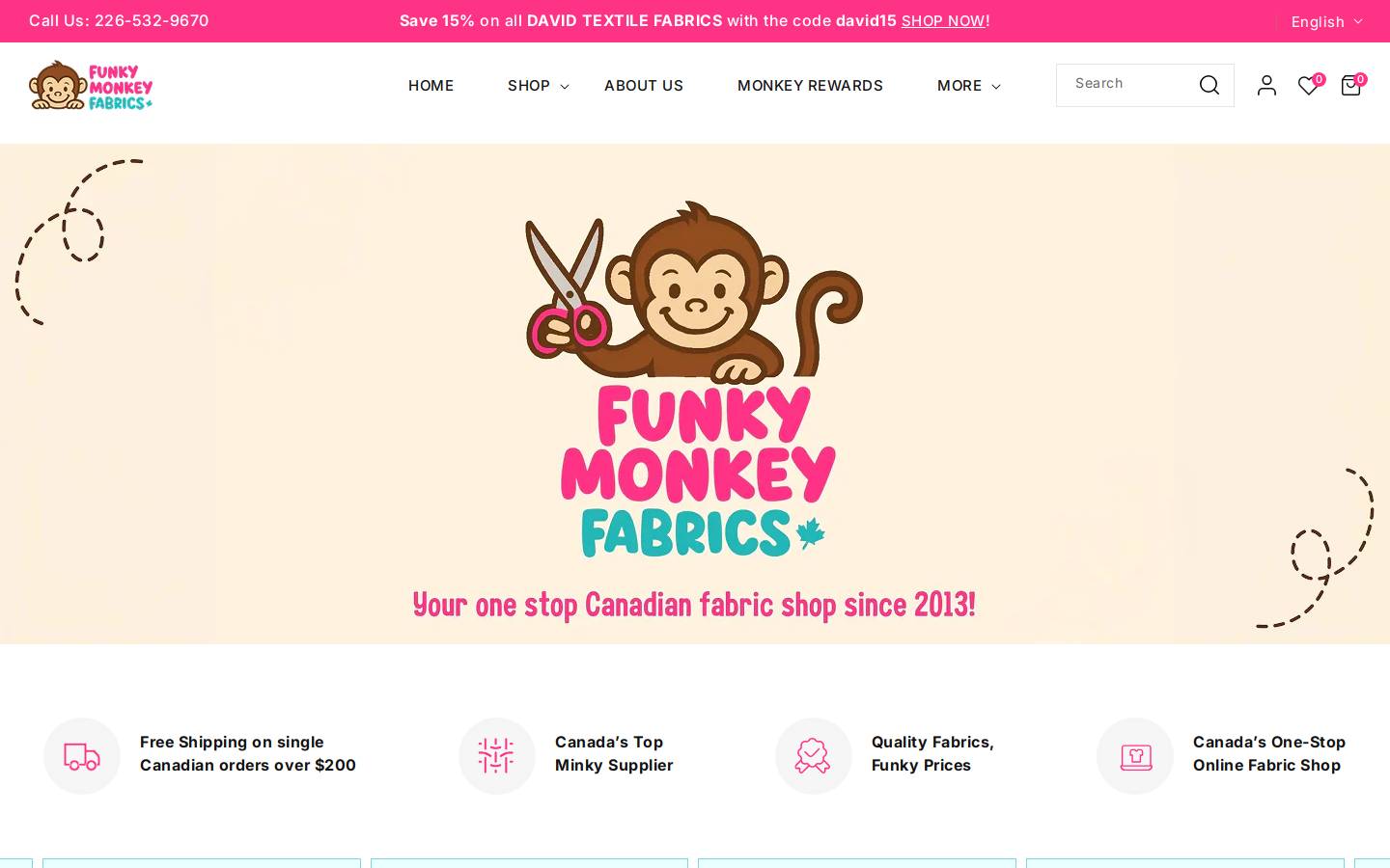 funkymonkeyfabrics.com homepage screenshot