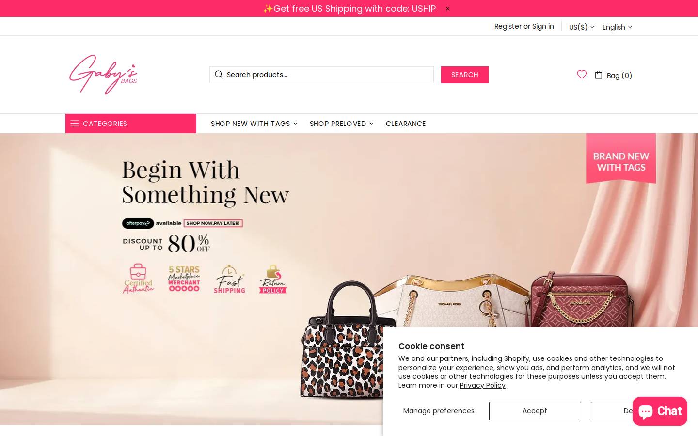 gabysbags.com homepage screenshot