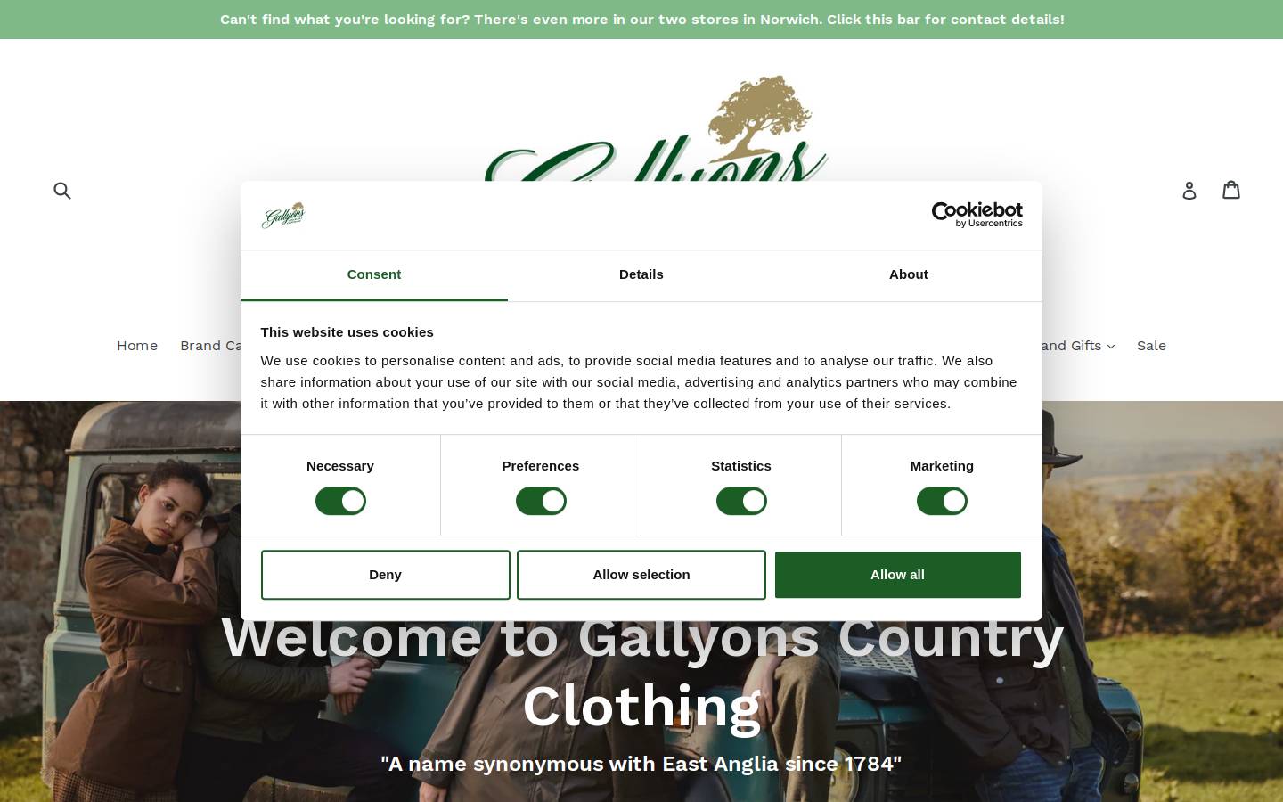 gallyonsclothing.com homepage screenshot