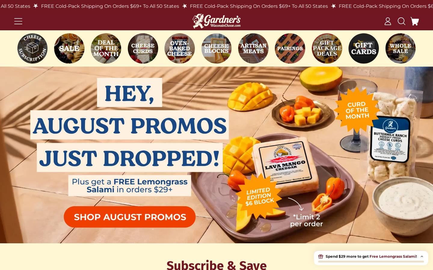 gardnerswisconsincheese.com homepage screenshot