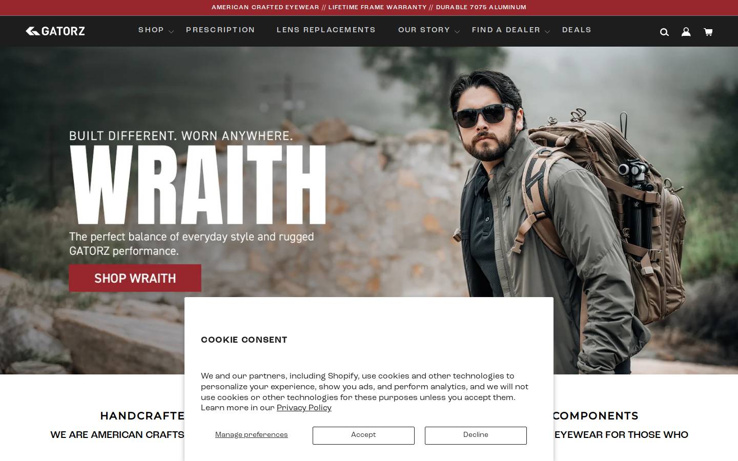 Gatorz Eyewear homepage screenshot