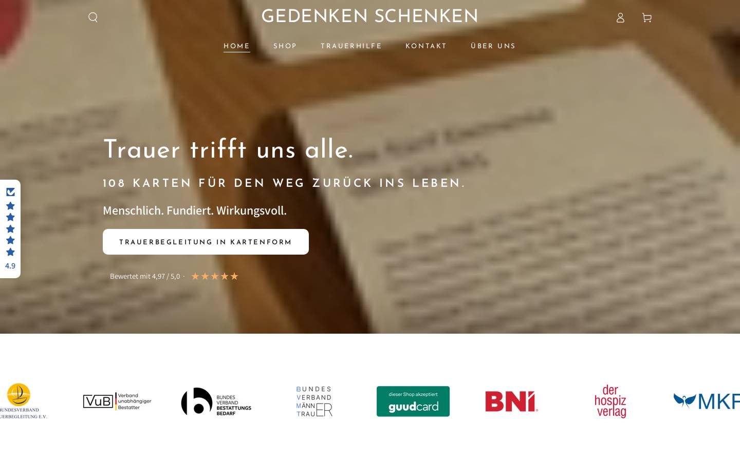 GEDENKEN SCHENKEN homepage screenshot