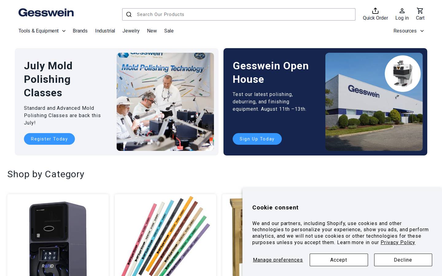 Gesswein.com - The Right Tools homepage screenshot
