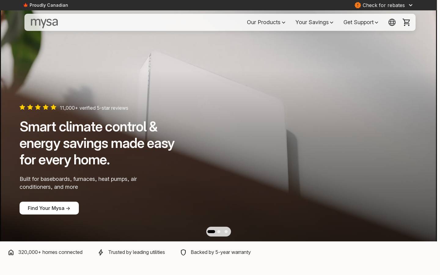 Mysa Smart Thermostats homepage screenshot