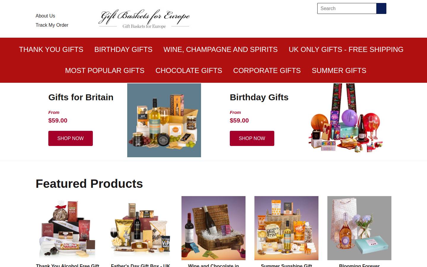 Gift Baskets For Europe homepage screenshot