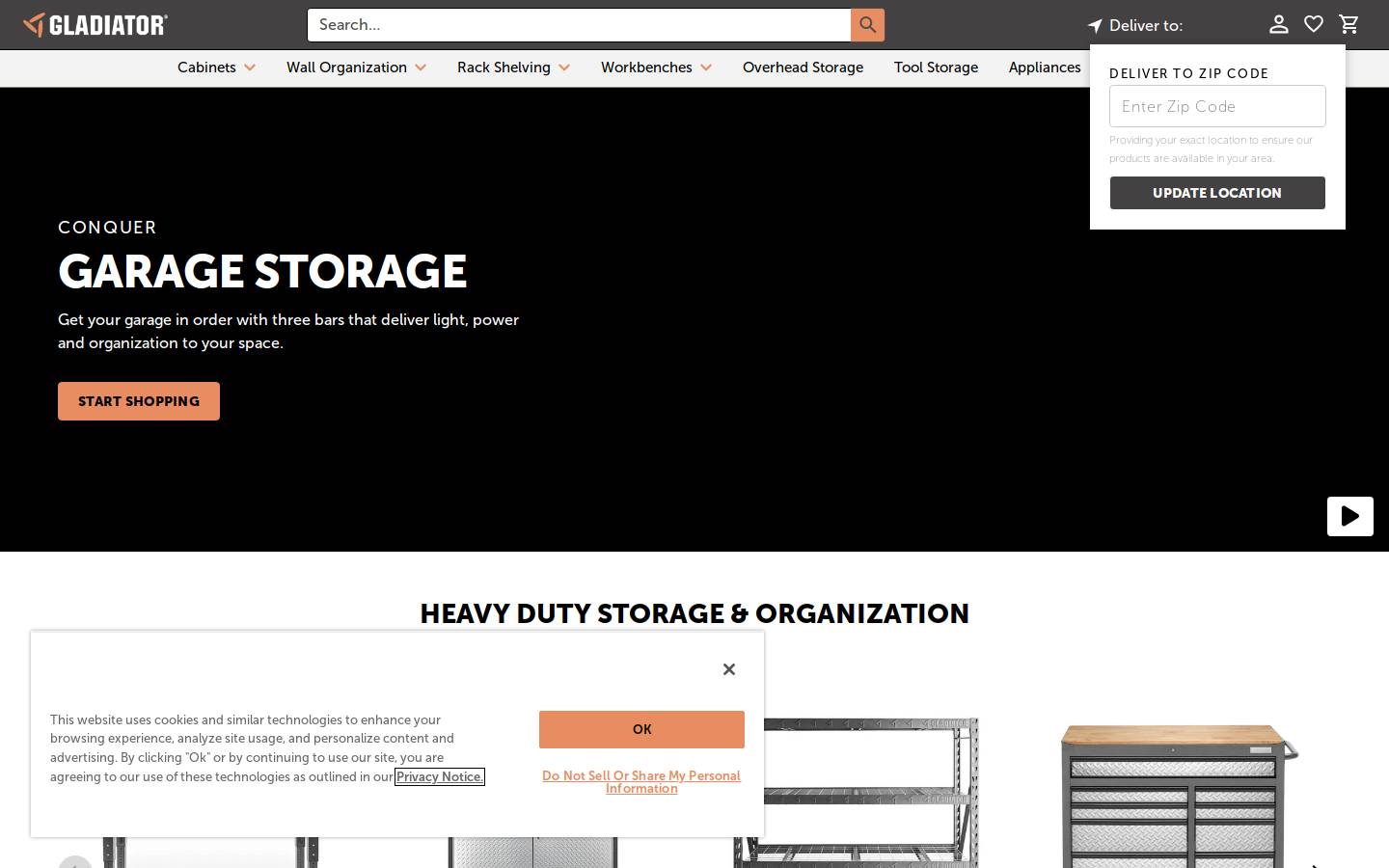 gladiatorgarageworks.com homepage screenshot