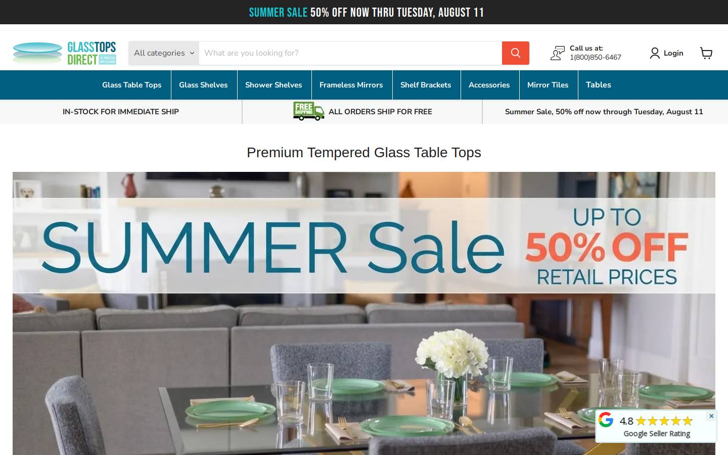 Glasstopsdirect homepage screenshot