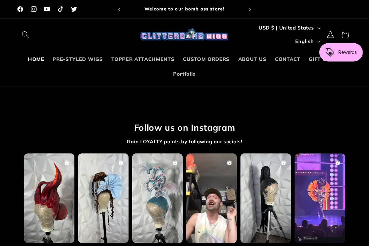 glitterbombwigs.com homepage screenshot