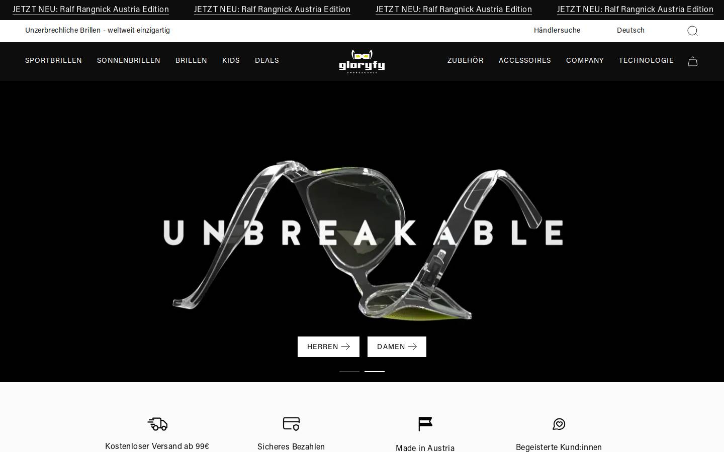 gloryfy unbreakable eyewear homepage screenshot