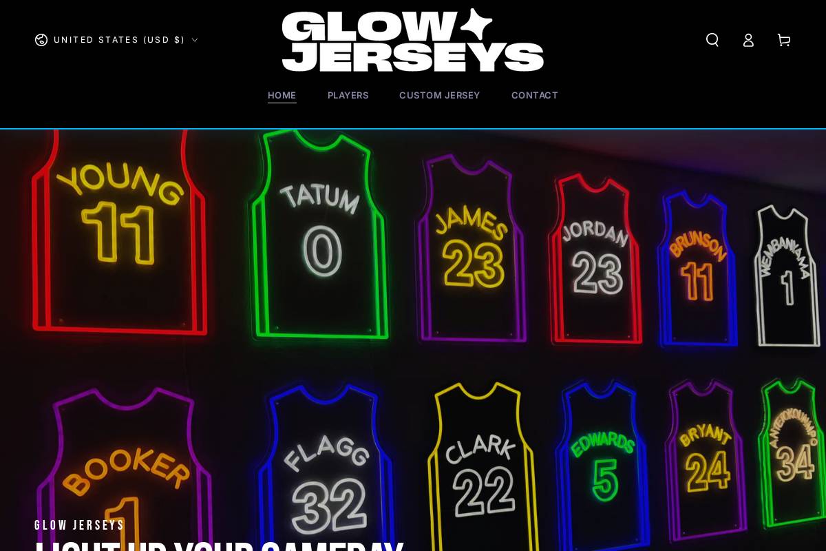 glowjerseys.com homepage screenshot