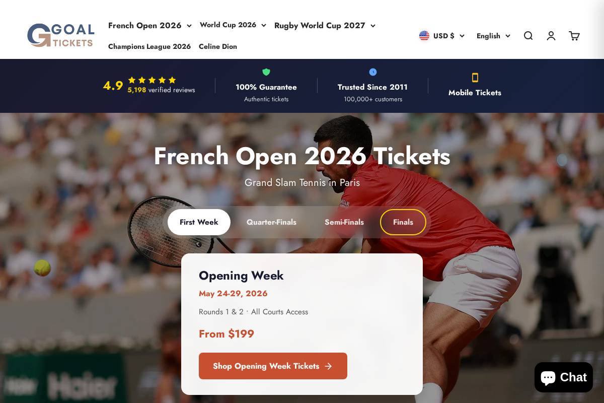 Goaltickets homepage screenshot