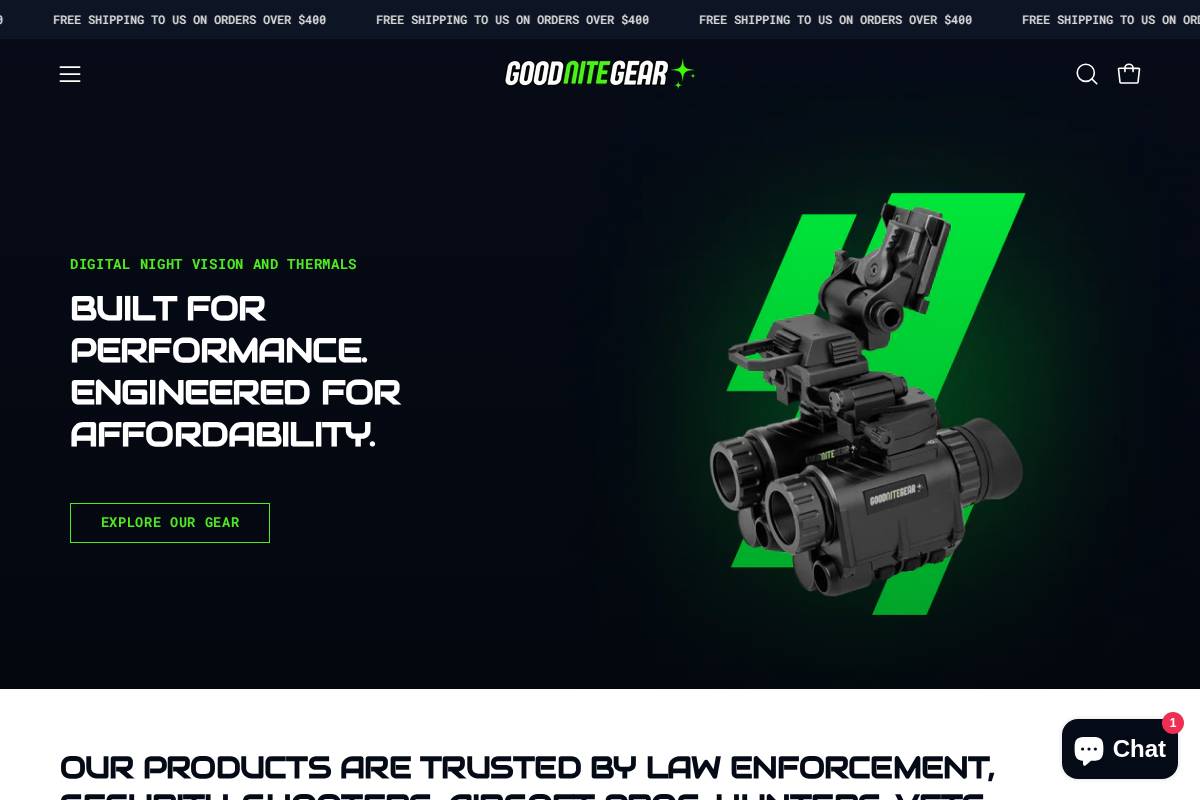 Goodnitegearshop homepage screenshot