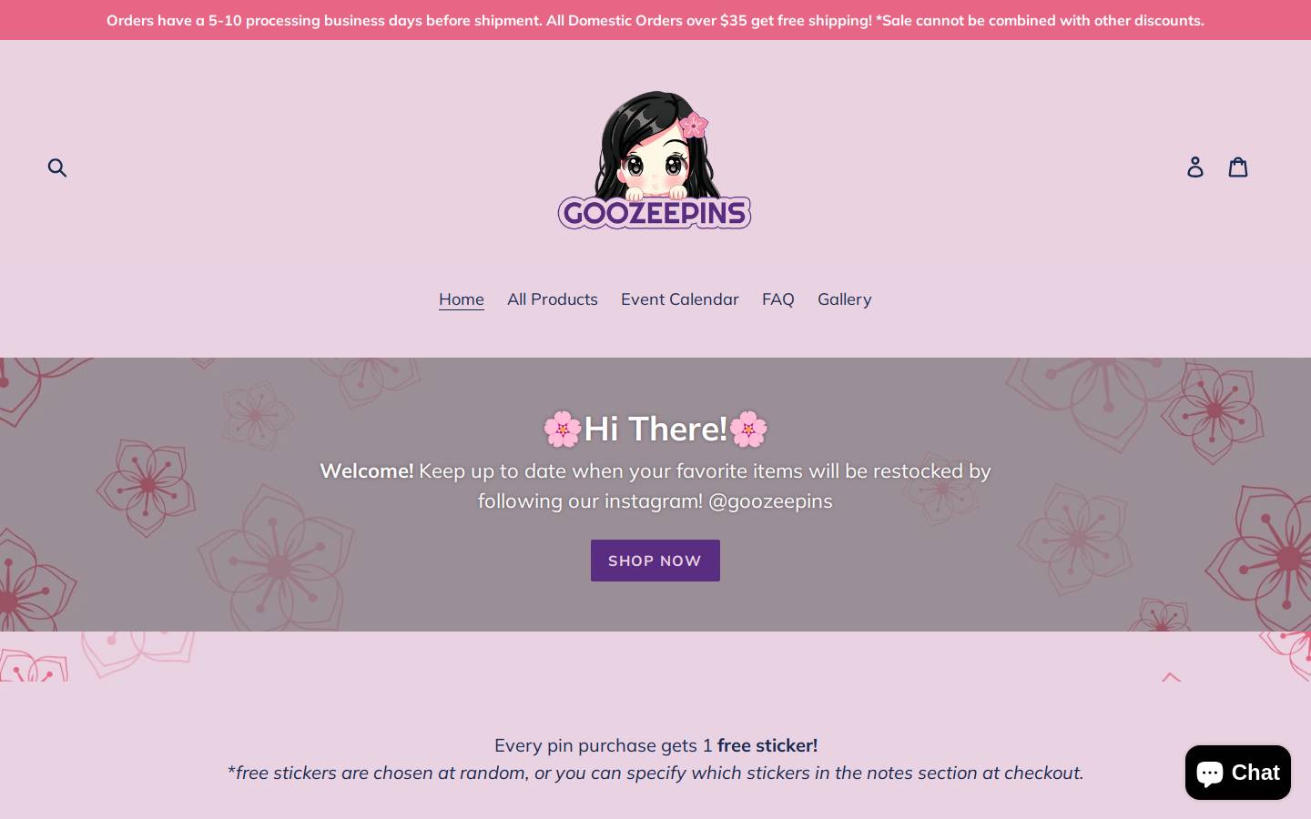 goozeepins.com homepage screenshot