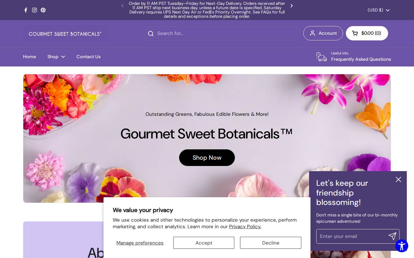 gourmetsweetbotanicals.com homepage screenshot
