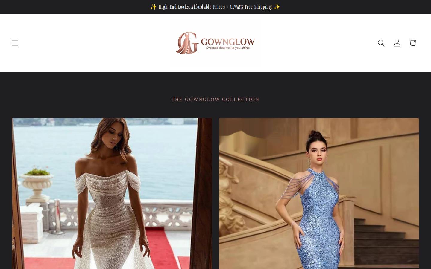 gownglow.com homepage screenshot