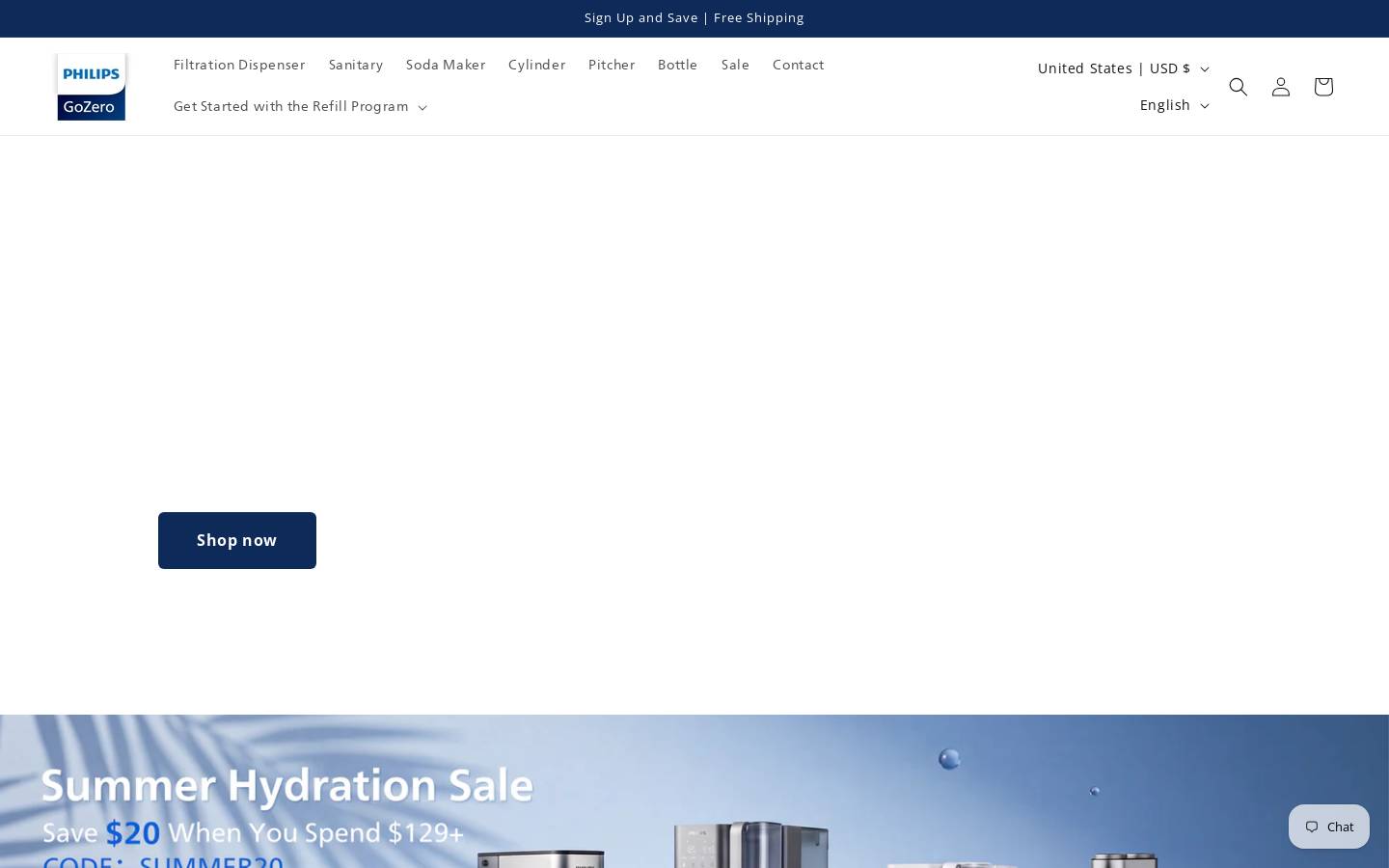 gozerowater.com homepage screenshot