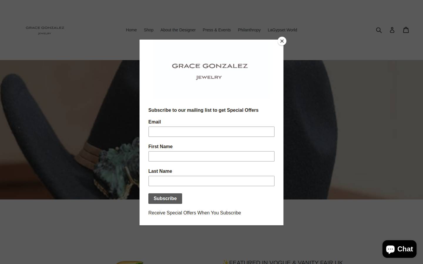 gracegonzalezjewelry.com homepage screenshot
