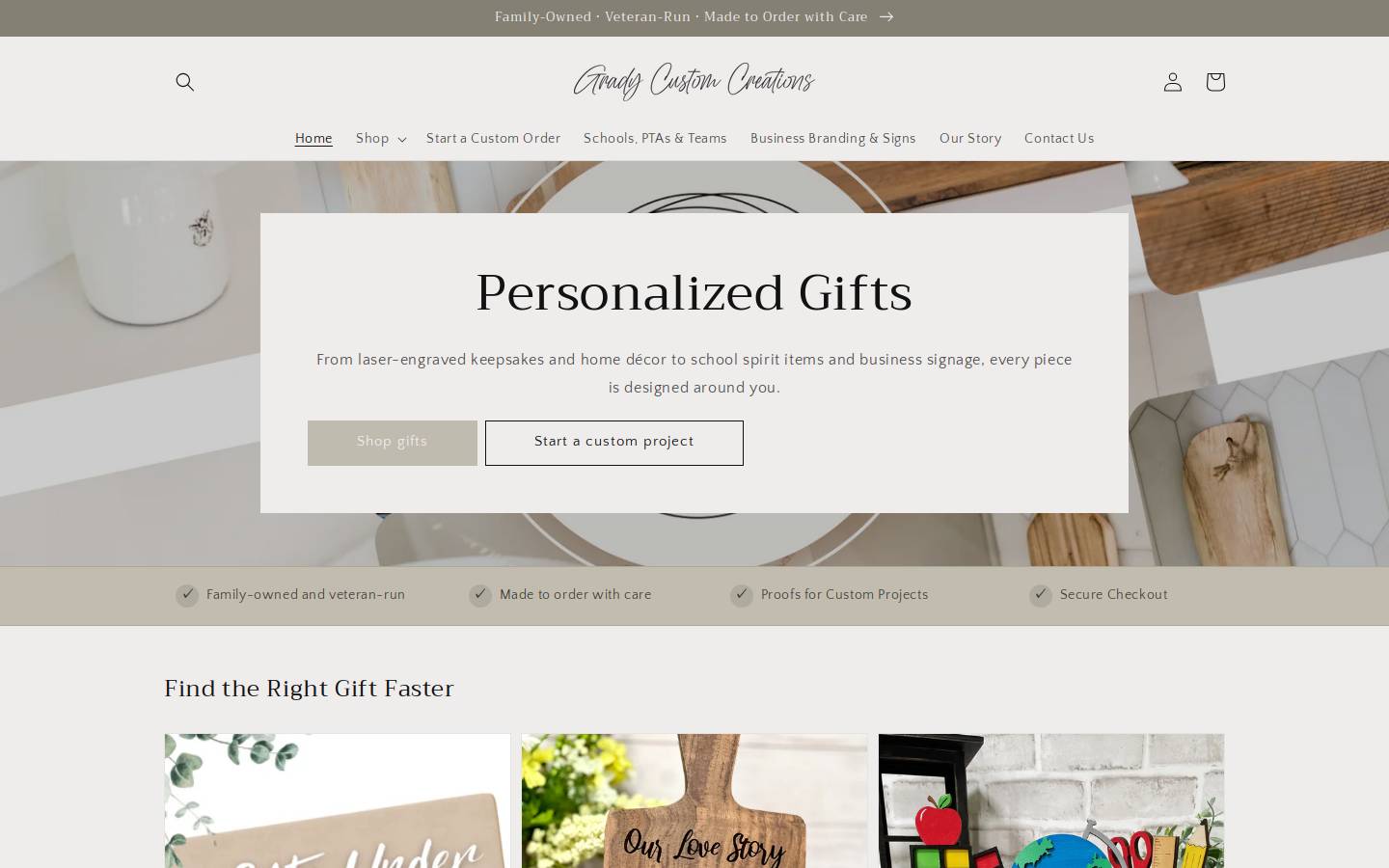 gradycustomcreations.com homepage screenshot